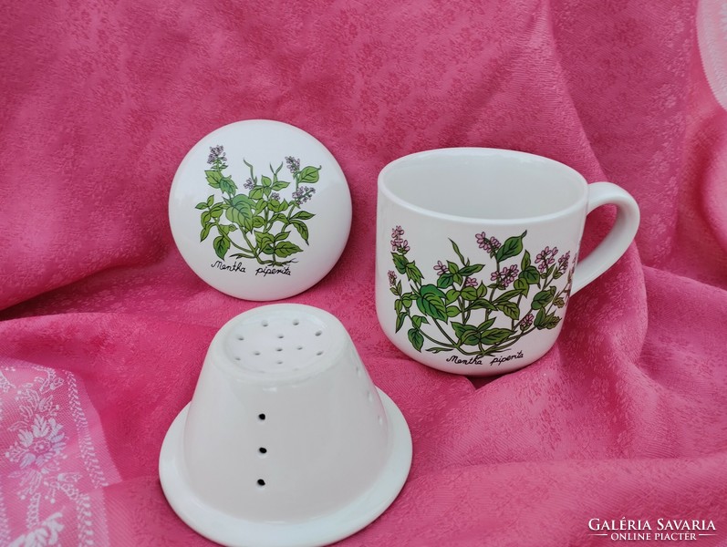 Növényhatározós porcelán teás csésze szűrővel és tetővel