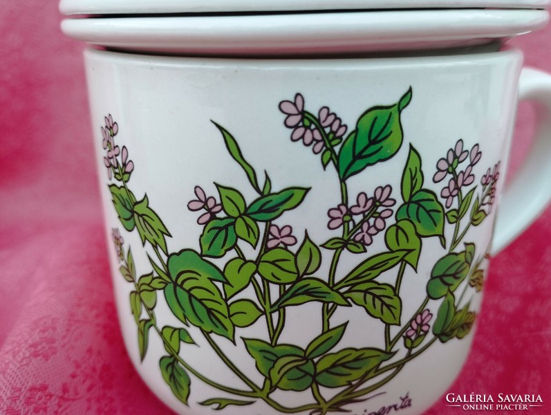 Növényhatározós porcelán teás csésze szűrővel és tetővel