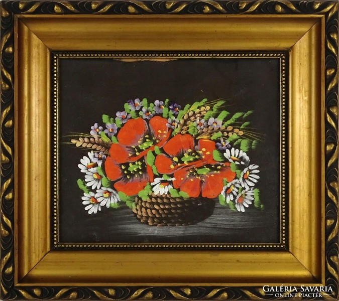 1O137 Keretezett pipacsos selyemkép virágcsendélet 31 x 34.5 cm