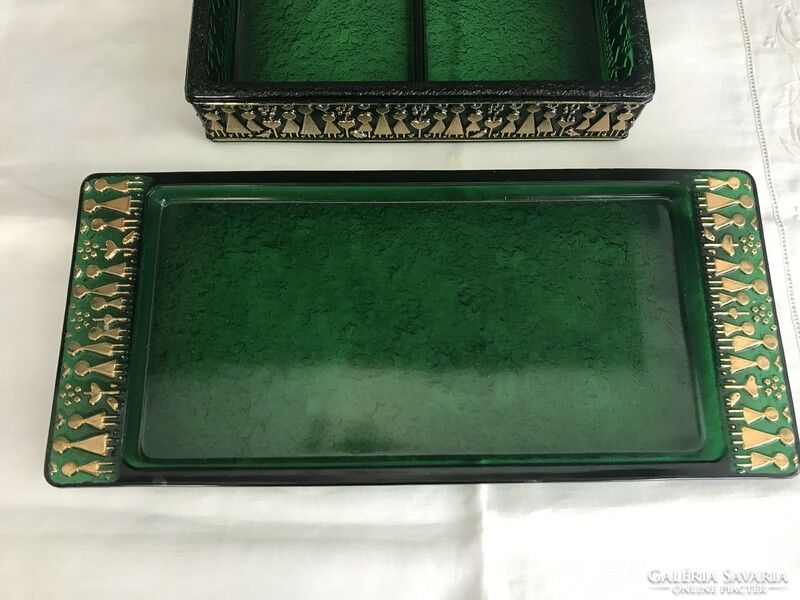 Retro glass serving bowl and cake plate in emerald green with a gold figural pattern