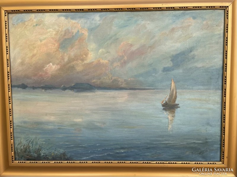 Oil painting depicting a sailing ship
