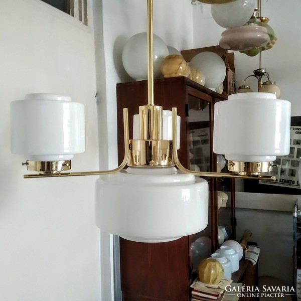 Art deco - streamlined 3-arm - 4-burner copper chandelier renovated - stepped milk glass shades - lampart