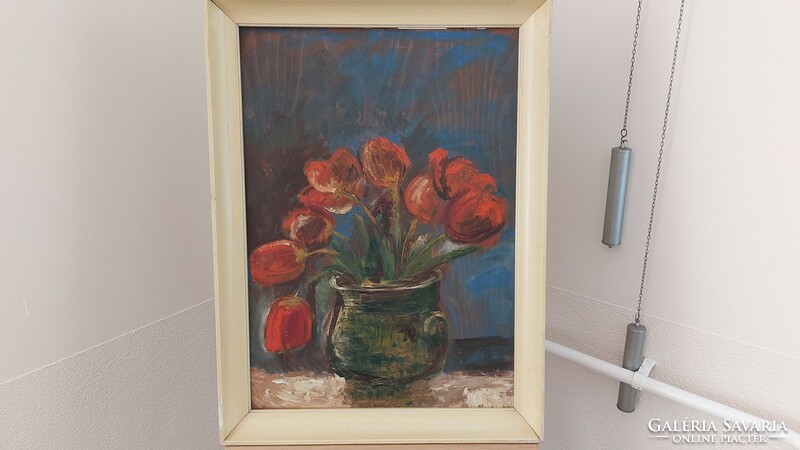 (K) Katalin Somogyi gallery flower still life painting with frame 51x69 cm. Oil, wood.