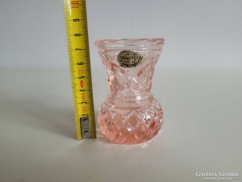 Régi Bohemia váza címkés rózsaszín cseh mid century üvegváza 7.5 cm