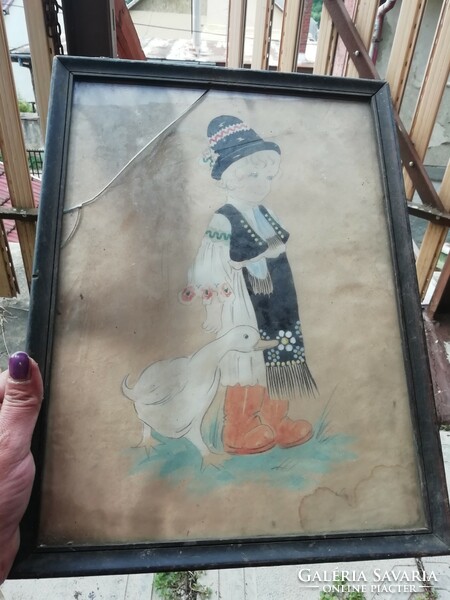 Népviseletes kis fiú libával régi kép 36 cm x 26 xm
