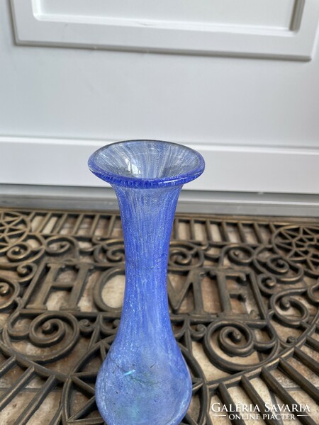 25.5 cm magas kék váza repesztett Gyönyörű  Fátyolüveg fátyol karcagi berekfürdői üveg