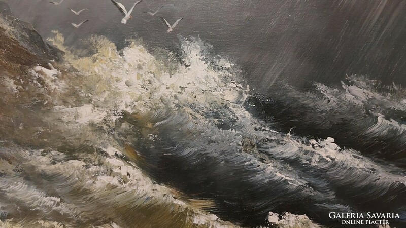 (K) Háborgó tenger festmény 65x56 cm kerettel