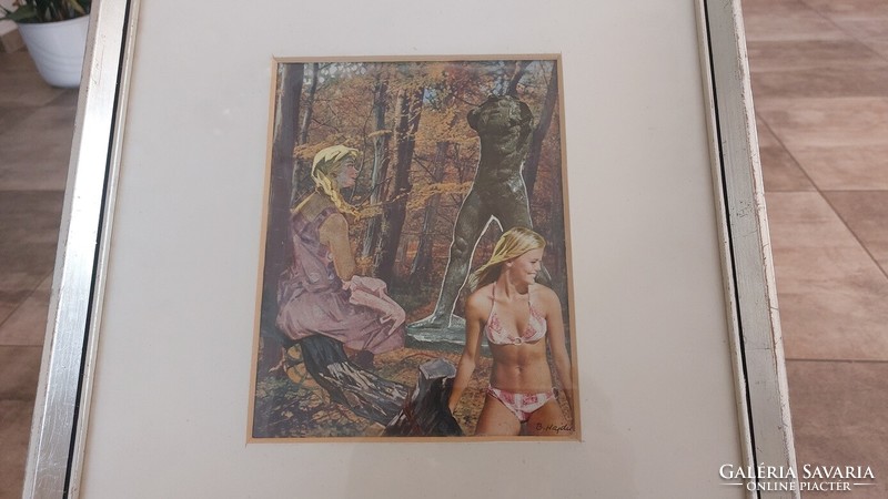 (K) B. Hajdú László remek kollázs képe 37x52 cm kerettel