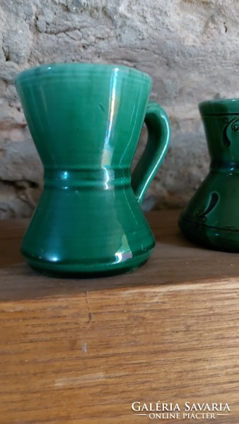 Glazed green ceramic brandy glasses. 3 Different shapes.