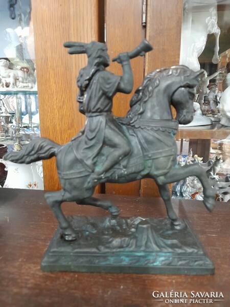 Old bronze-copper hunting scene horse figure with horns, statue. 18.5 Cm.