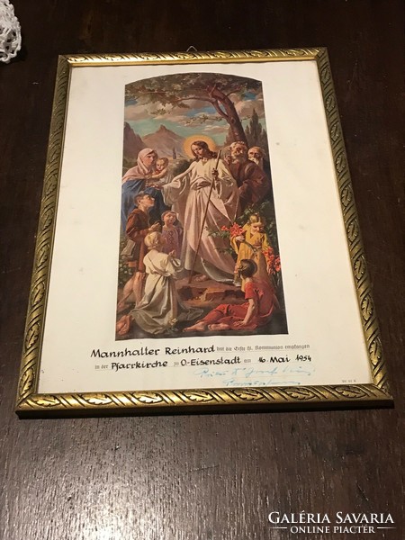 Első áldozás emlékére / 1954-es vallási kép,aranyozott faléc keretben. 33x24 cm