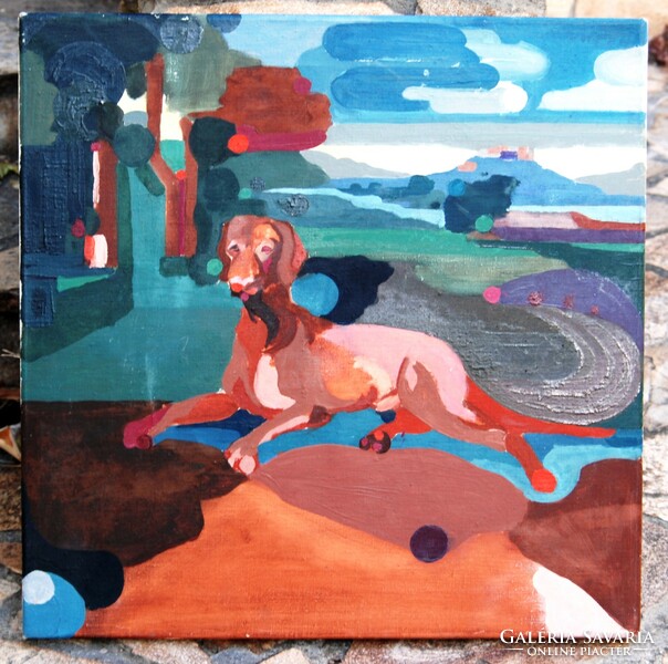 Kortárs művész: Fekvő kutya, háttérben folyóparti várral - olaj, vászon festmény