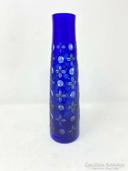 Retró kék kis virágos csiszolt dekoratív üvegváza
