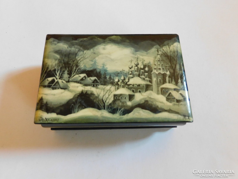 Orosz  vintage Palekh lakk doboz téli tájképpel