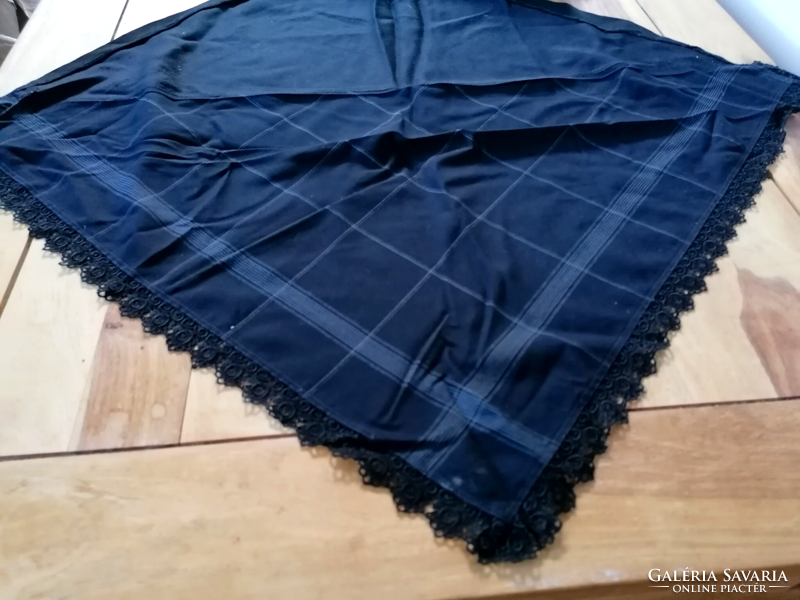 Antique old folk black checkered lace shawl headscarf folk costume wear 100 cm
