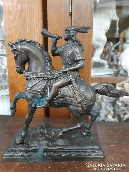 Old bronze-copper hunting scene horse figure with horns, statue. 18.5 Cm.