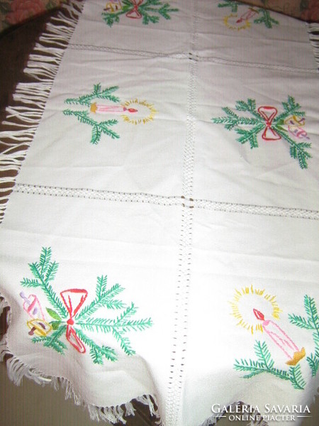 Beautiful antique hand embroidered azure Christmas fringed edge runner