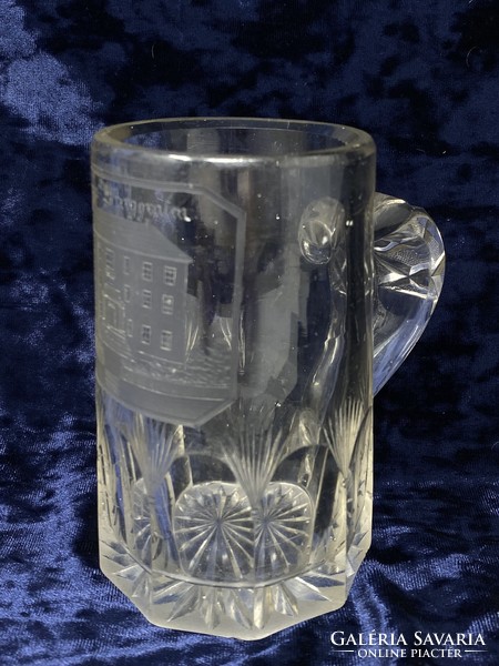Antique polished glass beer mug with engraved building design, 