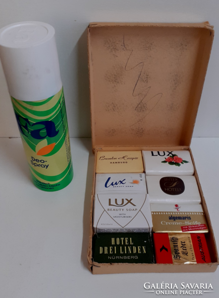 RETRO NEM HASZNÁLT FA DEO SPRAY 8-DB.BONTATLAN MINI SZAPPAN GYŰJTEMÉNNYEL RÉGI PAPÍR DOBOZÁBAN