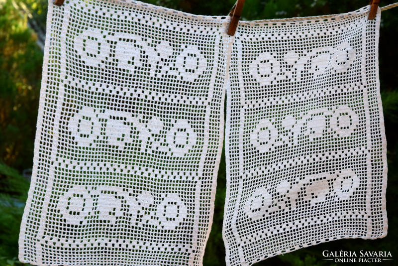 Pair of antique old hand crocheted lace stained glass curtains 43 x 35