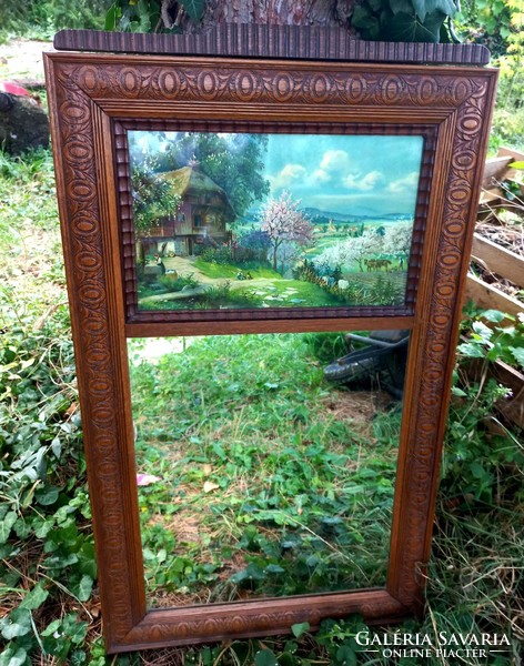 Meseszép antik tükör, falusi jelenetes képpel díszítve 109x62,5 cm
