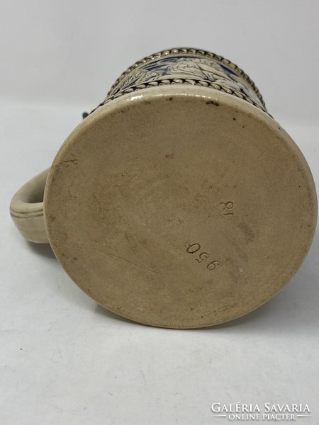 Old antique German beer mug with tin lid, bier stein - stone mug