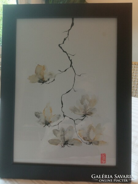 Meseszép japán stílusú tus-akvarell kép keretben