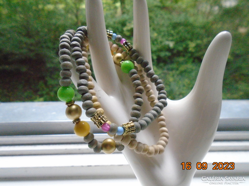 2 gray and 1 light beige bracelet decorated with colorful and gold tone pearls