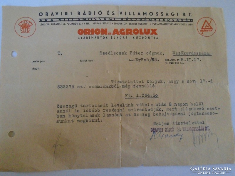 D198337  Oravirt Rádió és Villamosság R.T.  ORION és AGROLUX - Szedlacsek  Mezőkovácsháza   1948