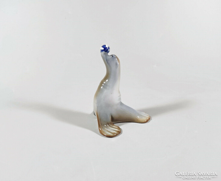 Zsolnay, seal with ball, antique hand-painted porcelain figure 10.3 Cm, flawless! (J323)