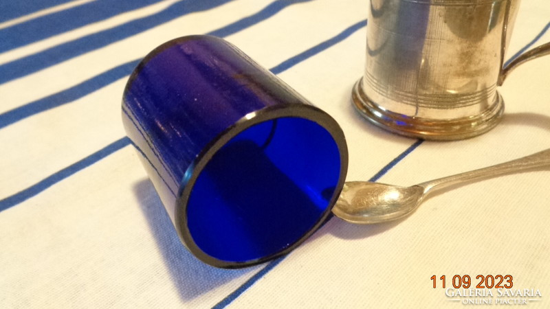 English spice dispenser, with blue glass insert and small spoon, marked