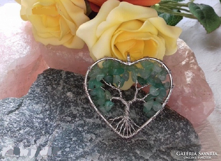 Large tree of life pendant term. Real aventurine chips from eyes, rhodium