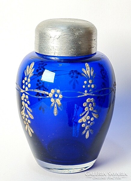 Vintage parádi kék parfümös üveg fém tetővel