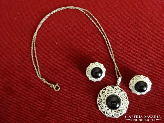 Silver-plated Necklace with 2 Earrings from the 70s, Black Center. Jókai.