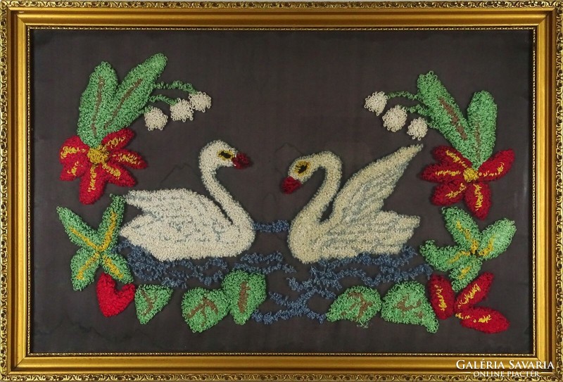 1O304 framed swan pair needlework 41.5 X 61 cm