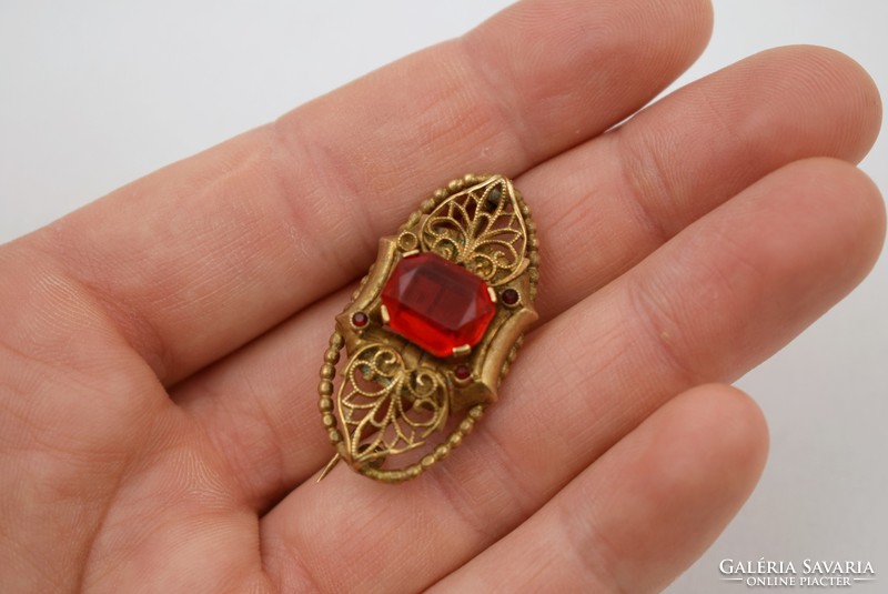 Old copper brooch pin / with red frosted glass