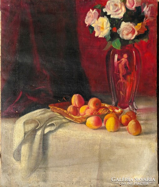 Gyula V. Tóth painting - table still life with fruit trees in a vase