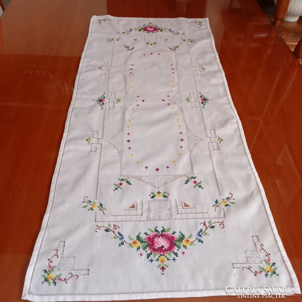 Antique, hand-embroidered cotton tablecloth, runner, 86 x 37 cm