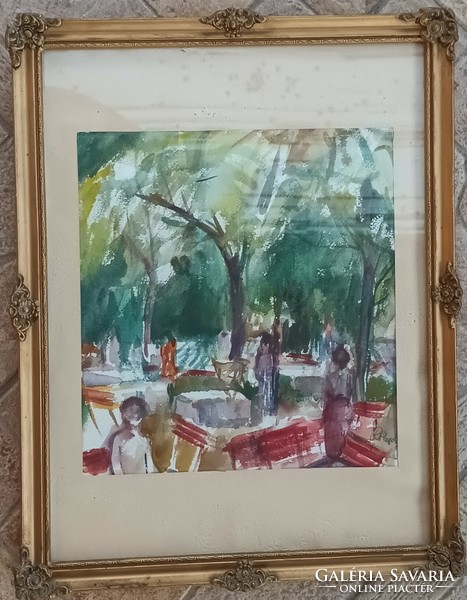 In the park - marked watercolor painting in blonde frame