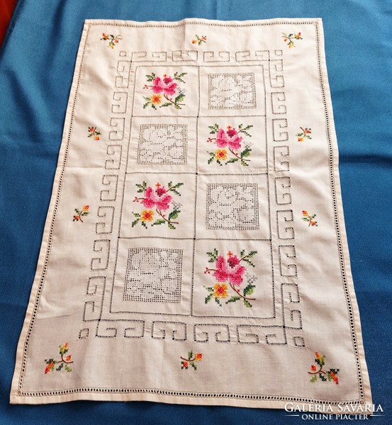 Antique, light beige, hand-embroidered cotton tablecloth, runner, 60 x 39 cm