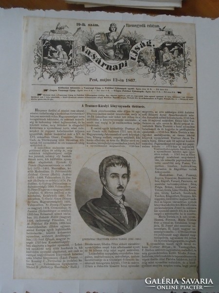 S0628 tamás jános trattner - printer, bookseller - woodcut and article - 1867 newspaper front page