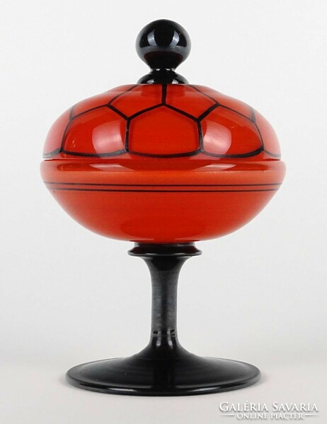 1O246 antique blown wilhelm kralik - loetz sole tango glass orange-black bonbonier 13 cm