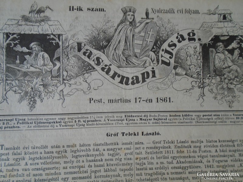 S0595 Gróf Teleki László, politikus, író, Abony - fametszet és cikk -1861-es újság címlapja