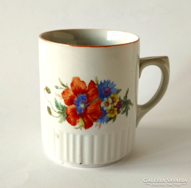 Antique shield-marked Grandma Zsolnay nostalgia mug with poppy, field flower bouquet pattern