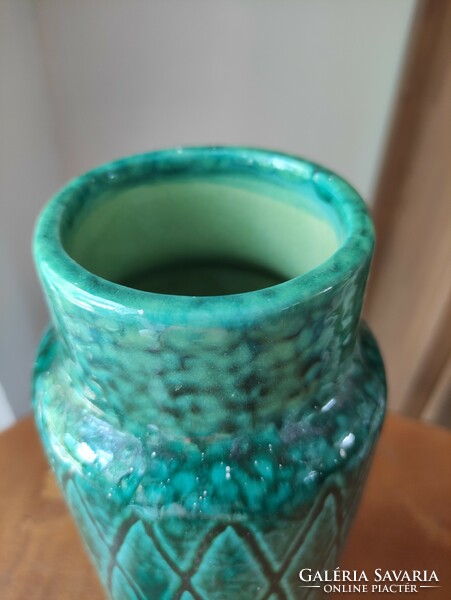 Turquoise glazed, marked retro applied art ceramic vase with geometric lines