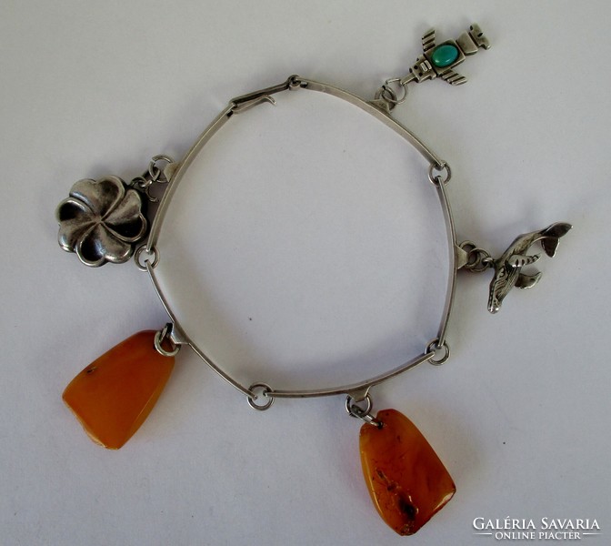 Beautiful antique Russian silver bracelet with amber, turquoise stones and silver ornaments