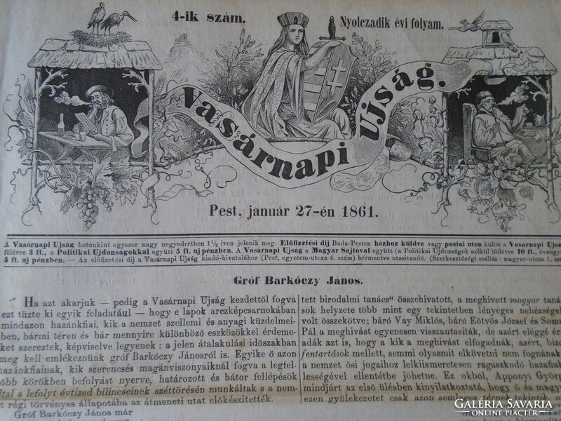 S0590  Gróf Barkóczy János -Barkóc  Vas vm - fametszet és cikk -1861-es újság címlapja