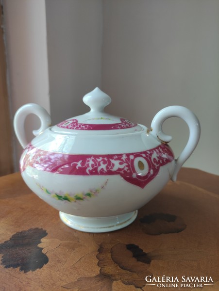 Beautiful two-handled porcelain sugar bowl with burgundy garland pattern