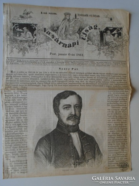 S0587 -pál náry chief clerk of pest county, alispán woodcut and article -front page of 1861 newspaper