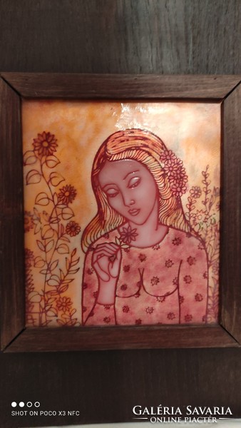 Original fire enamel picture marked Erzsébet Balogh, framed